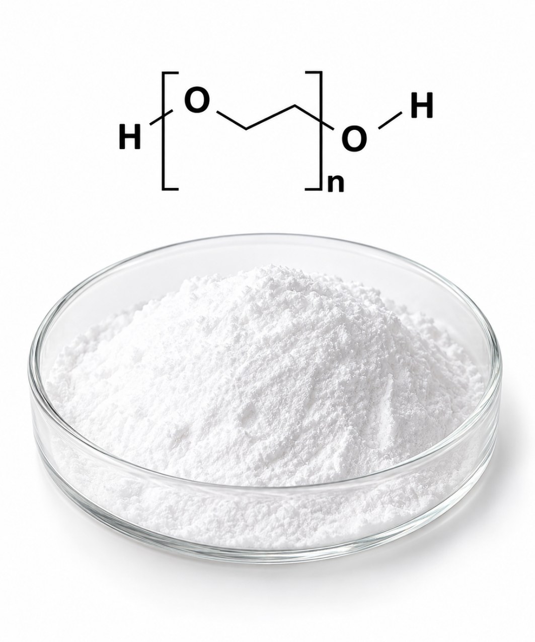 Polyethylene Glycol 6000: cấu trúc phân tử và bột trắng trong đĩa petri